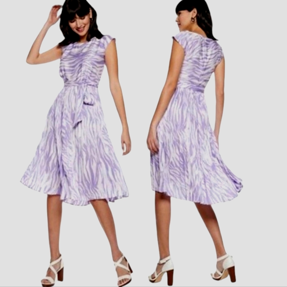 Nine West Lilac/White Nwot Zebra Sleeveless Pleated Midi Dress
